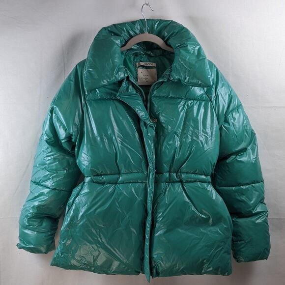 Wet Look Puffer Jacket A New Day Jade XXL Green Winter Coat Zip Up Puffy Cinch - Picture 3 of 11